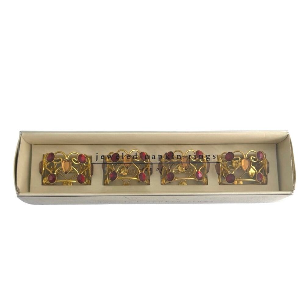New in box Pier 1 Imports set of 4 jeweled napkin rings gold
